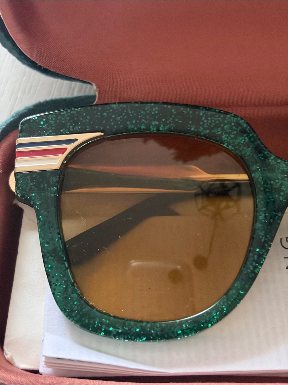 Green Glitter Square Sunglasses with Brown Lenses - Picture 2 of 4